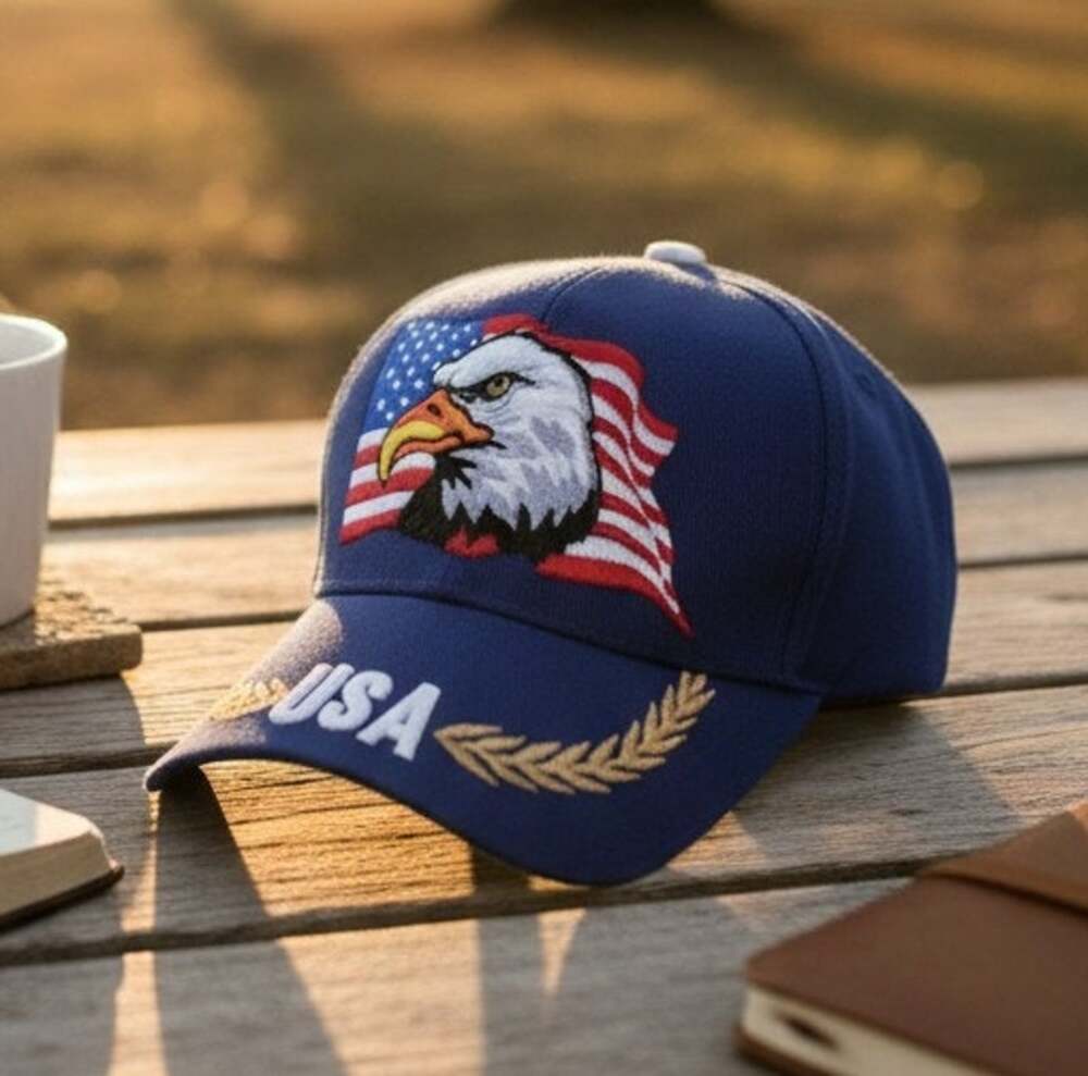 USA Bald Eagle American Flag Embroidered Blue Snapback Hat Adjustable Patriotic